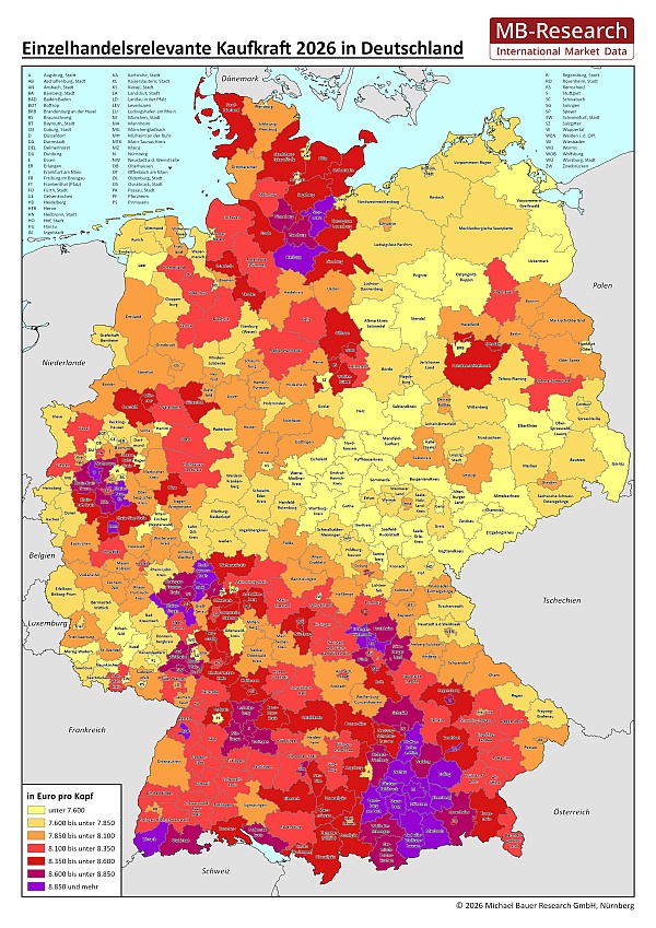 Einzelhandelsrelevante Kaufkraft 2026 auf Ebene der Stadt- und Landkreise in Deutschland